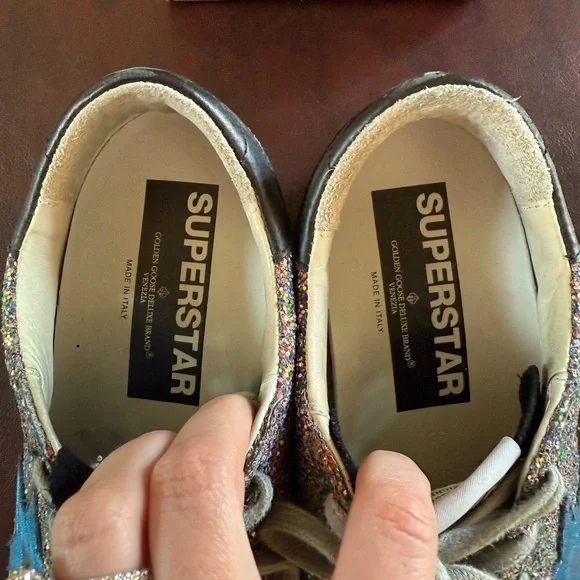 Golden Goose Multicolor Glitter and Black Sneakers w/ Blue Metallic Star - Picture 2 of 13